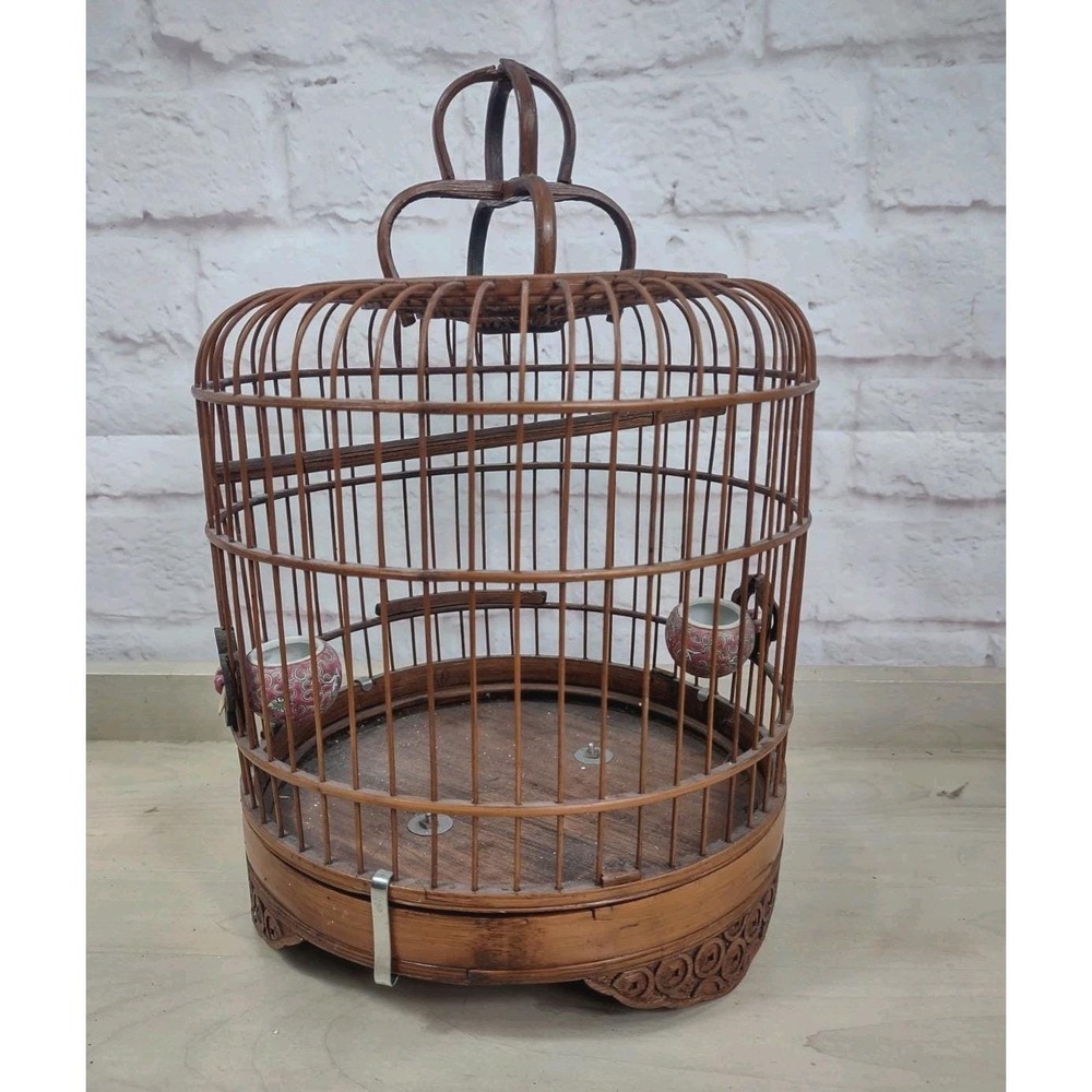 Vintage Chinese Bamboo Song Bird Bird Cage Porcelain Feed Bowls Handcrafted READ